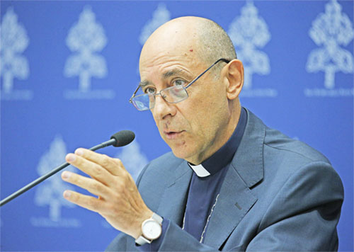 Cardinal Víctor Manuel Fernández, prefect of the Dicastery for the Doctrine of the Faith, speaks at a news conference at the Vatican Sept. 19, 2024, on the dicastery's ruling on the alleged Marian apparitions in in Medjugorje, Bosnia-Herzegovina. (CNS photo/Justin McLellan)